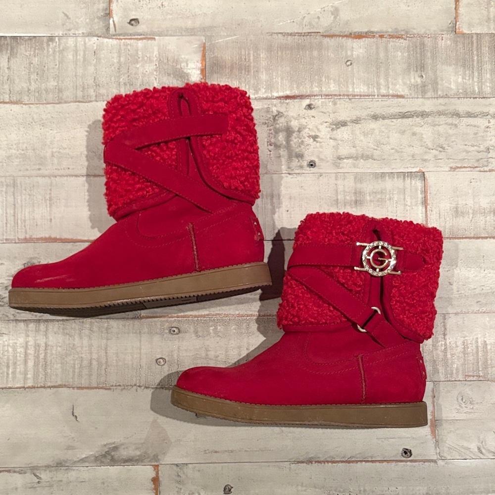 G By Guess Aussie Faux Fur Red Shearling Boots with Buckle Detail